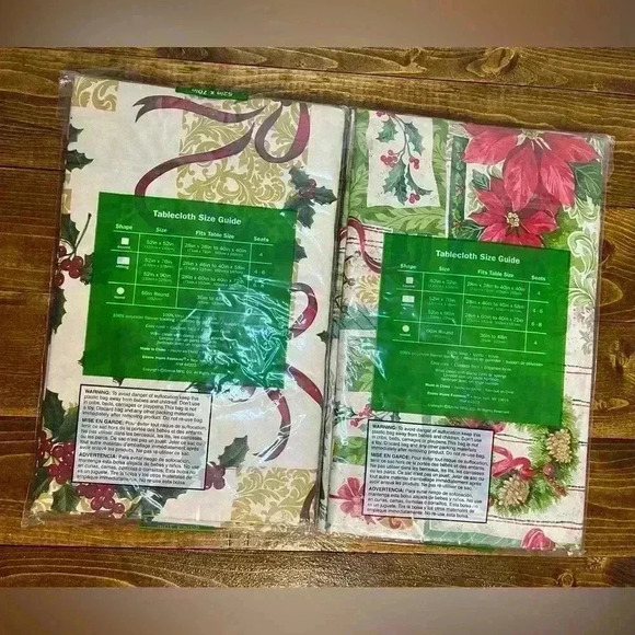 Set Of 2 Vintage Holiday Holly Vinyl Flannel Back Tablecloth 52” X 70” Oblong - Picture 2 of 2